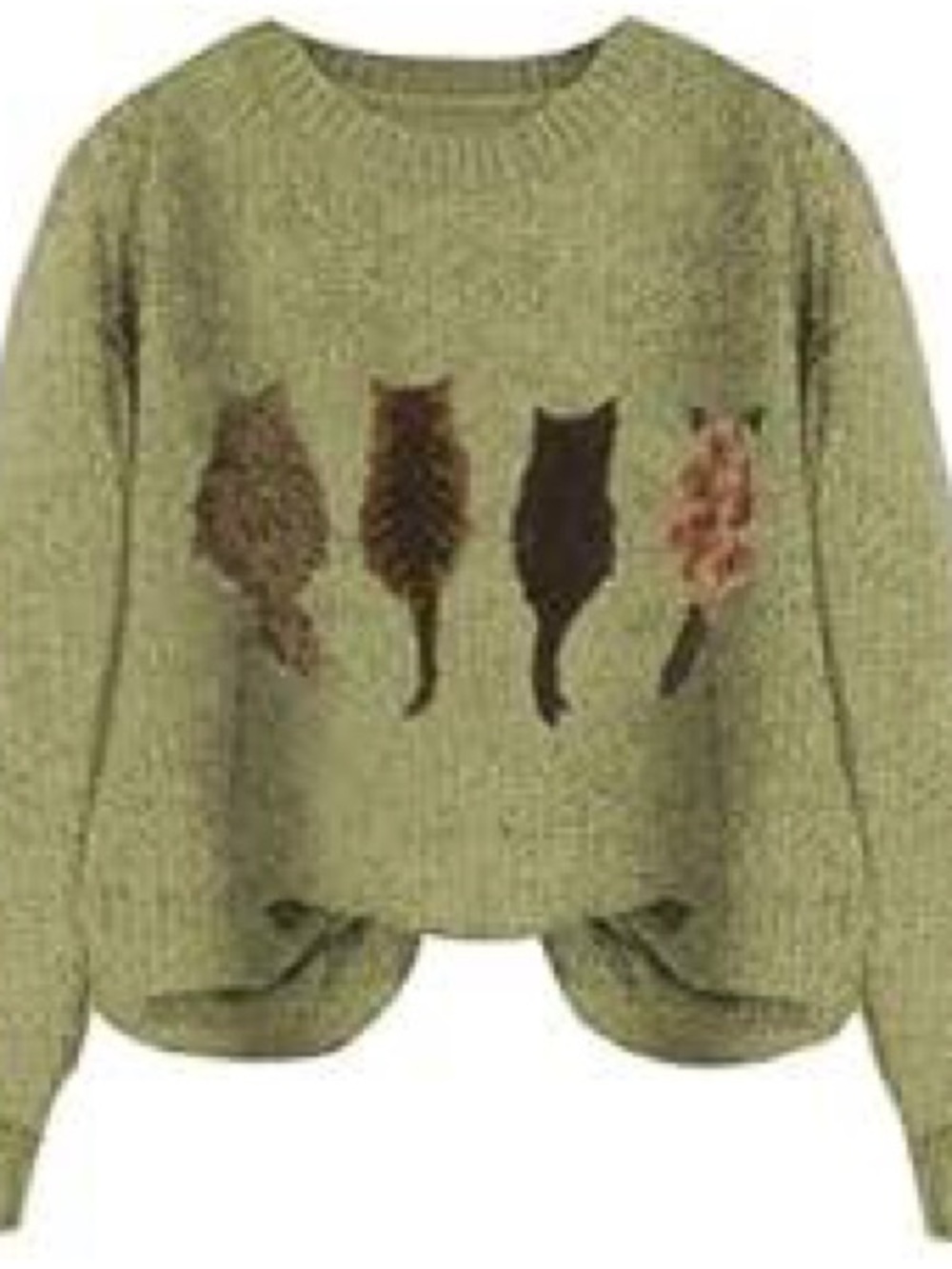 NEW FME Medium Olive Green Crewneck Sweater with Cat Motif